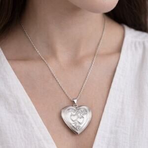 Silver Heart Locket Necklace 22in Chain | Floral Love Keepsake Gift